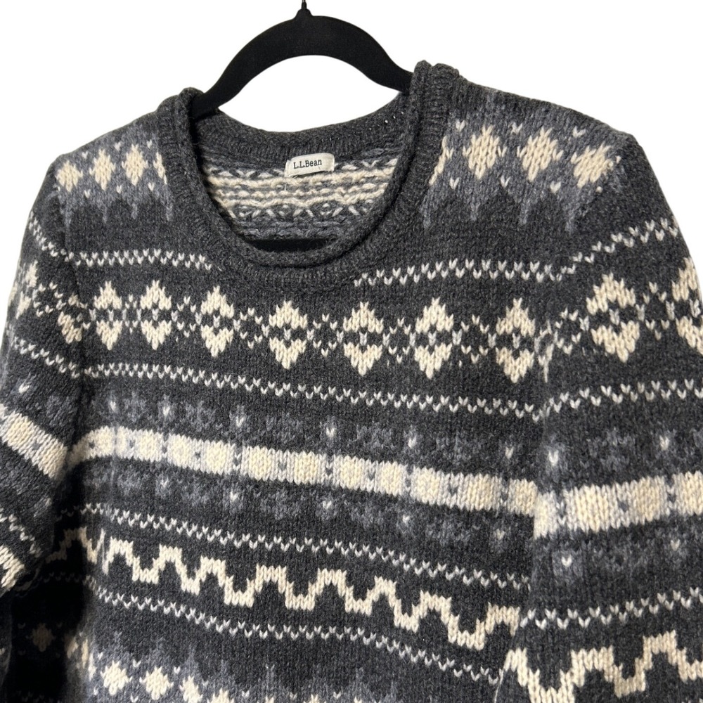 LL Bean Lamb's Wool Rolled Collar Fair Isle Fisherman Sweater Gray Women's L Vtg